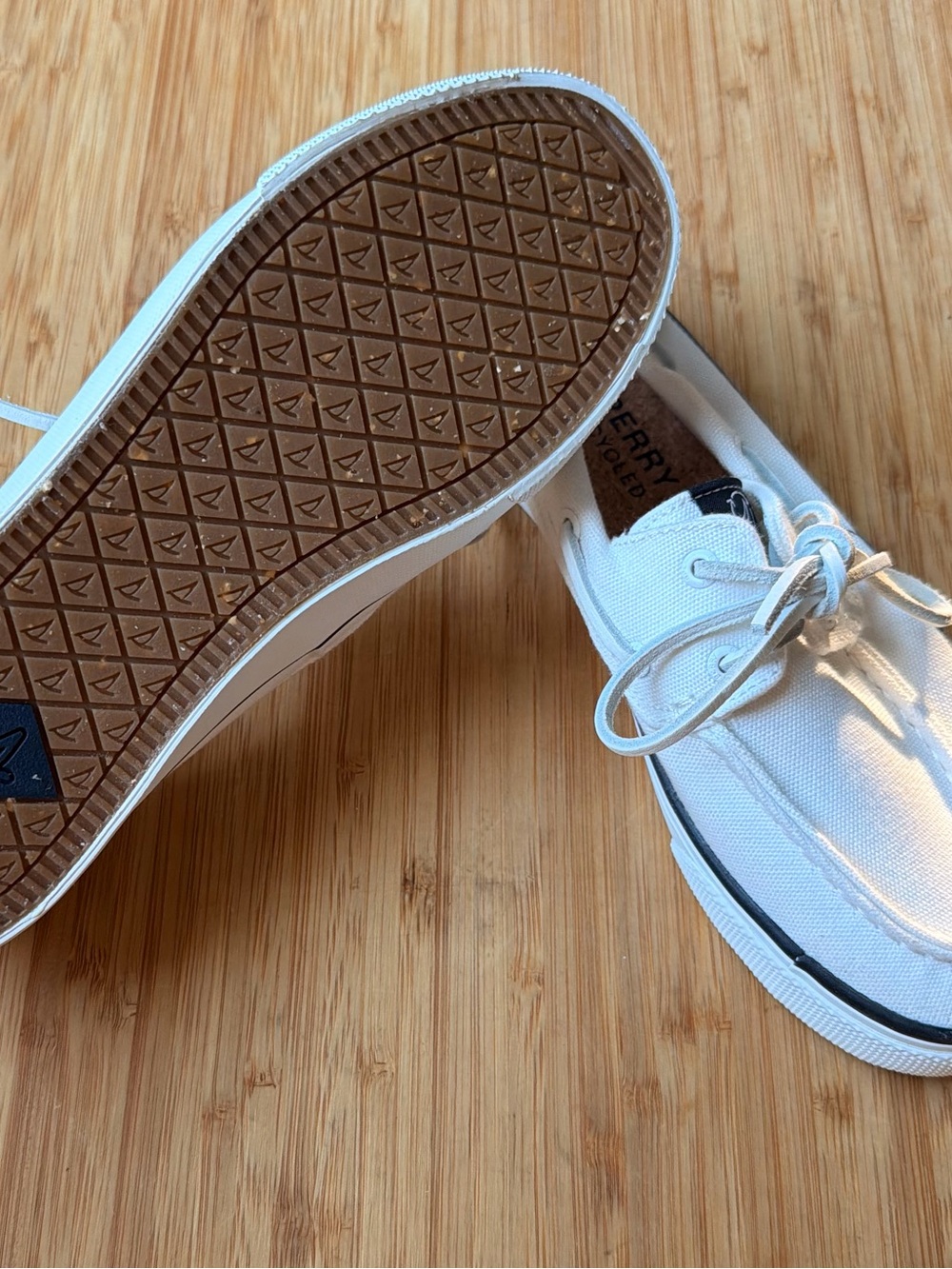 Sperry Women’s White Canvas Boat Shoes with Brown Rubber Sole